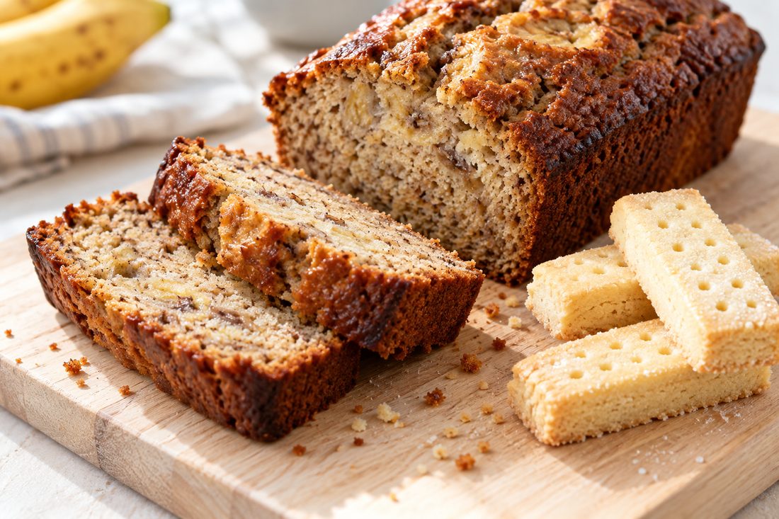 Banana bread slices and shortbread fingers