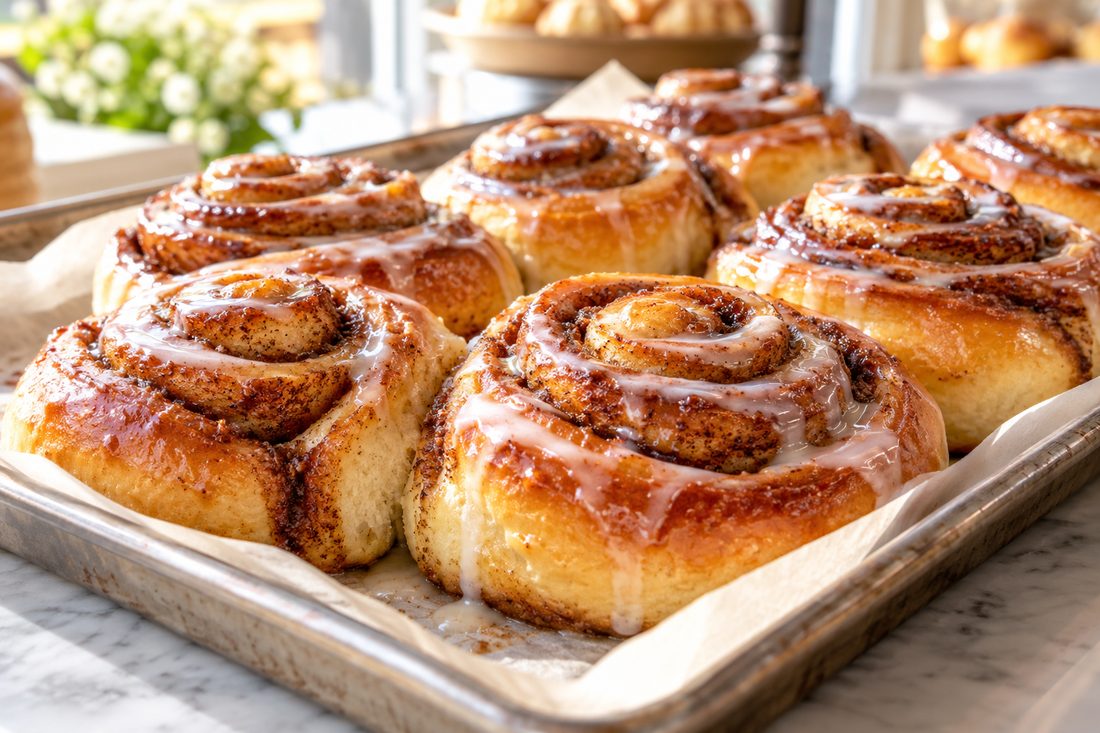 A tray of glazed cinnamon buns