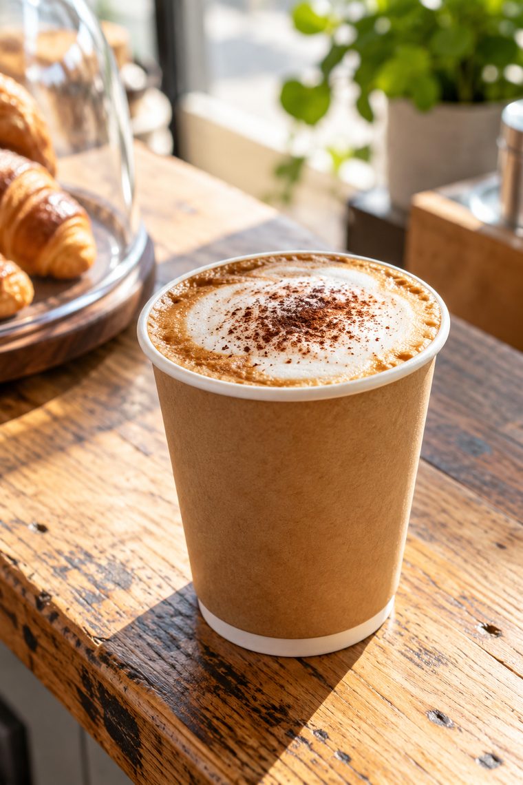 A cappuccino in a kraft takeaway cup