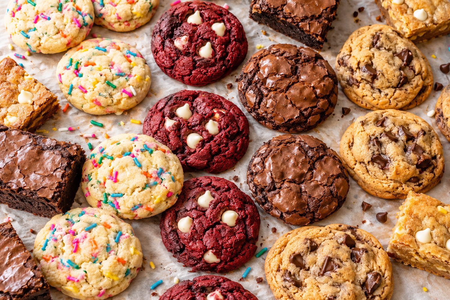 Funfetti, red velvet, brownie and choc chip cookies