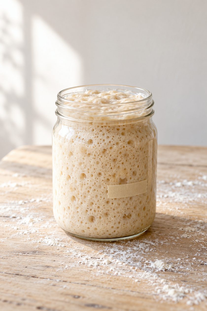 A glass jar of bubbly sourdough starter on a floured wooden bench