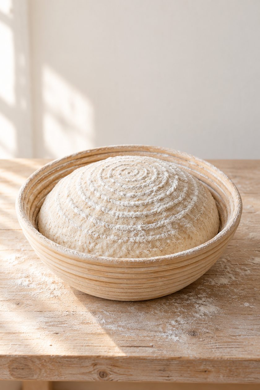 Shaped dough proving in a cane banneton