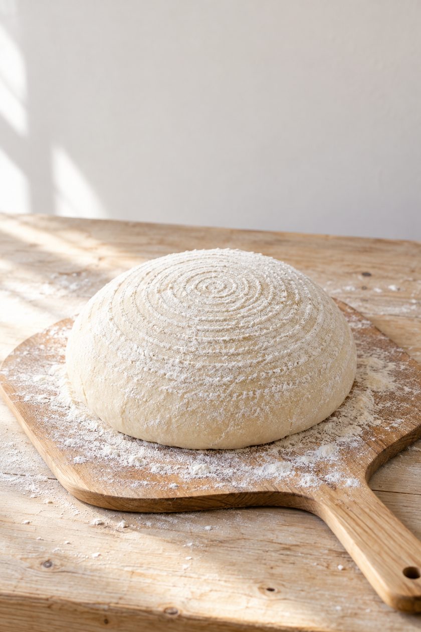 Dough turned out onto a wooden peel, ready to score