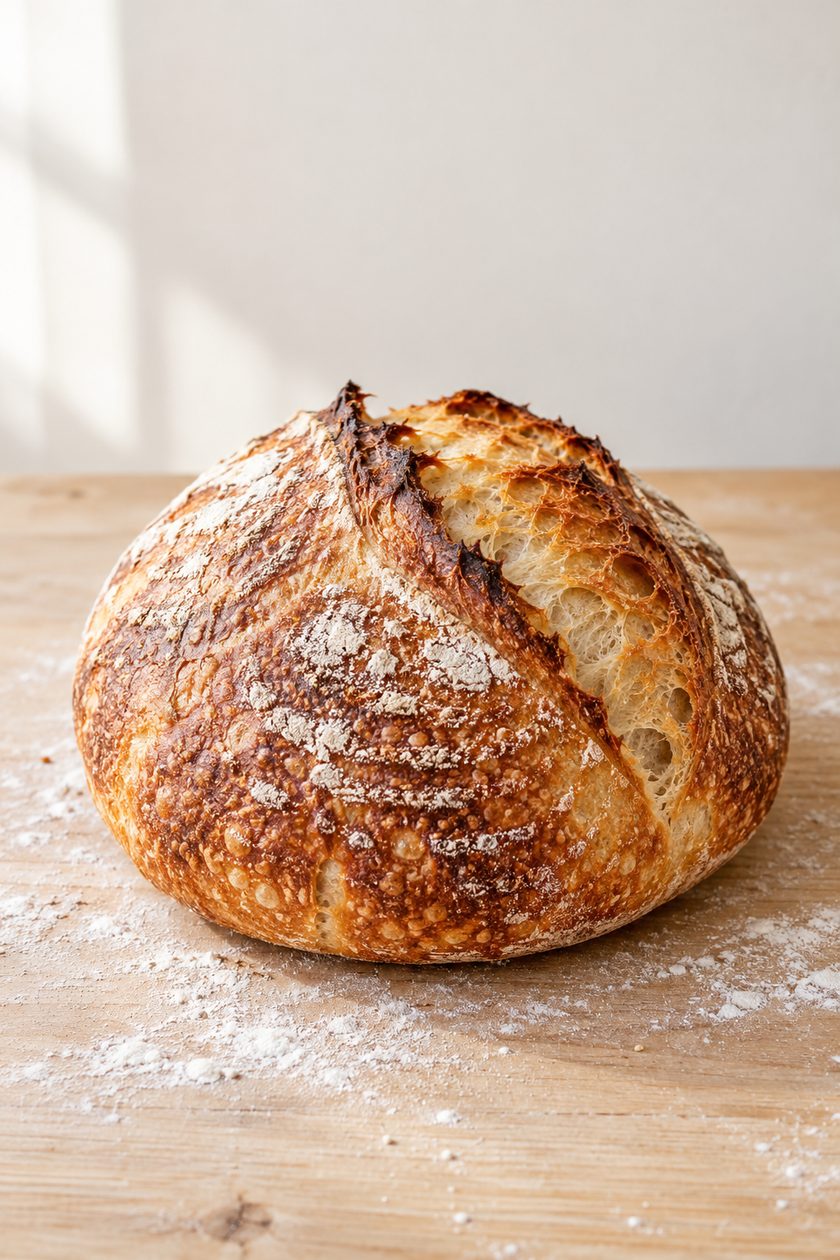 The baked sourdough boule with its ear open