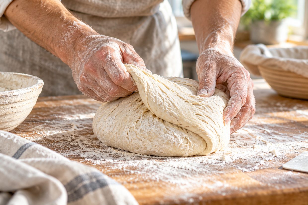 Hands folding a soft sourdough on a floured bench