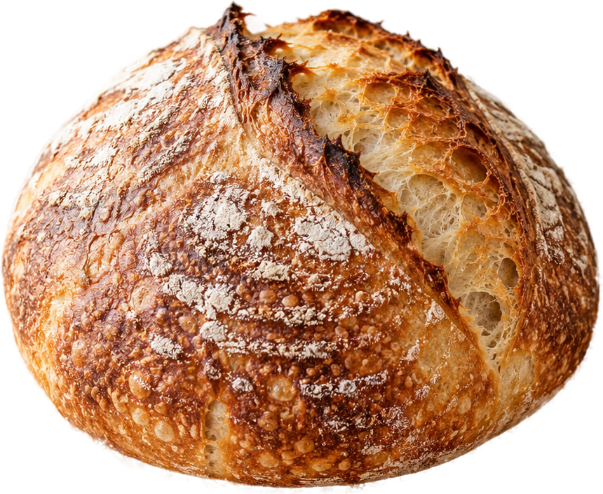 A deep-crusted sourdough boule with an open ear, dusted with flour