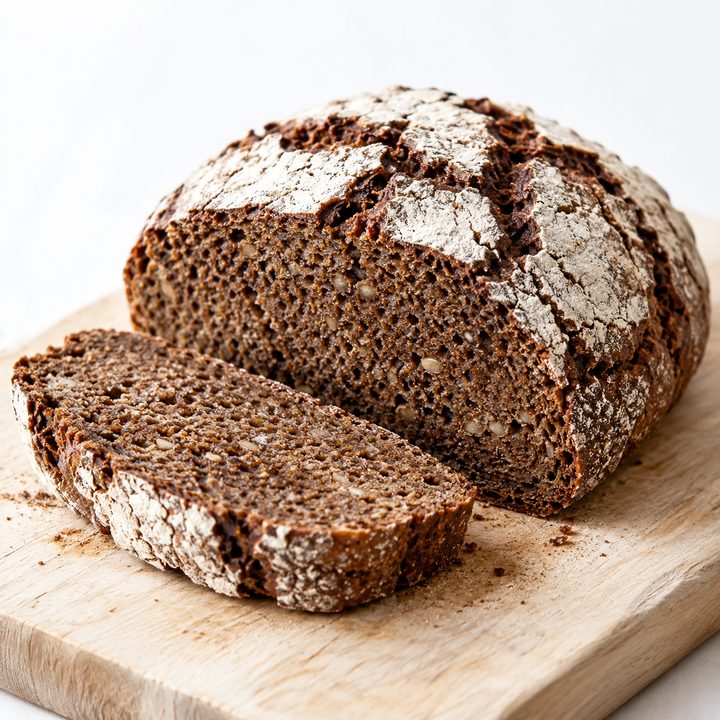 A dark 100% rye sourdough, sliced